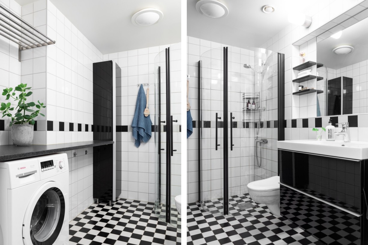 Helkaklat badrum med tvättmaskin och golvvärme Korphoppsgatan 33, plan 4