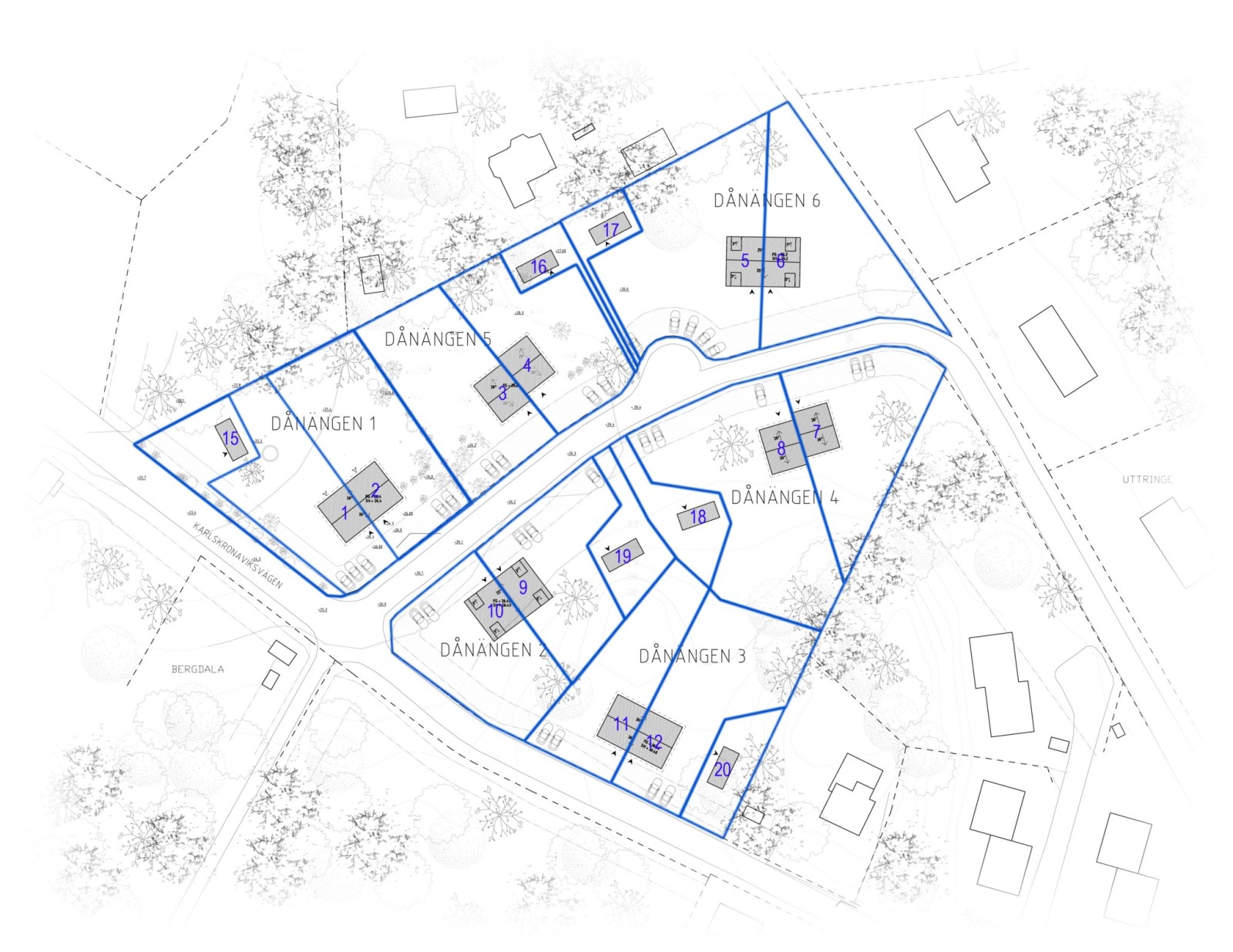 Situationsplan med tomtindelning Karlskronaviksvägen/Dånängen hus nr 3