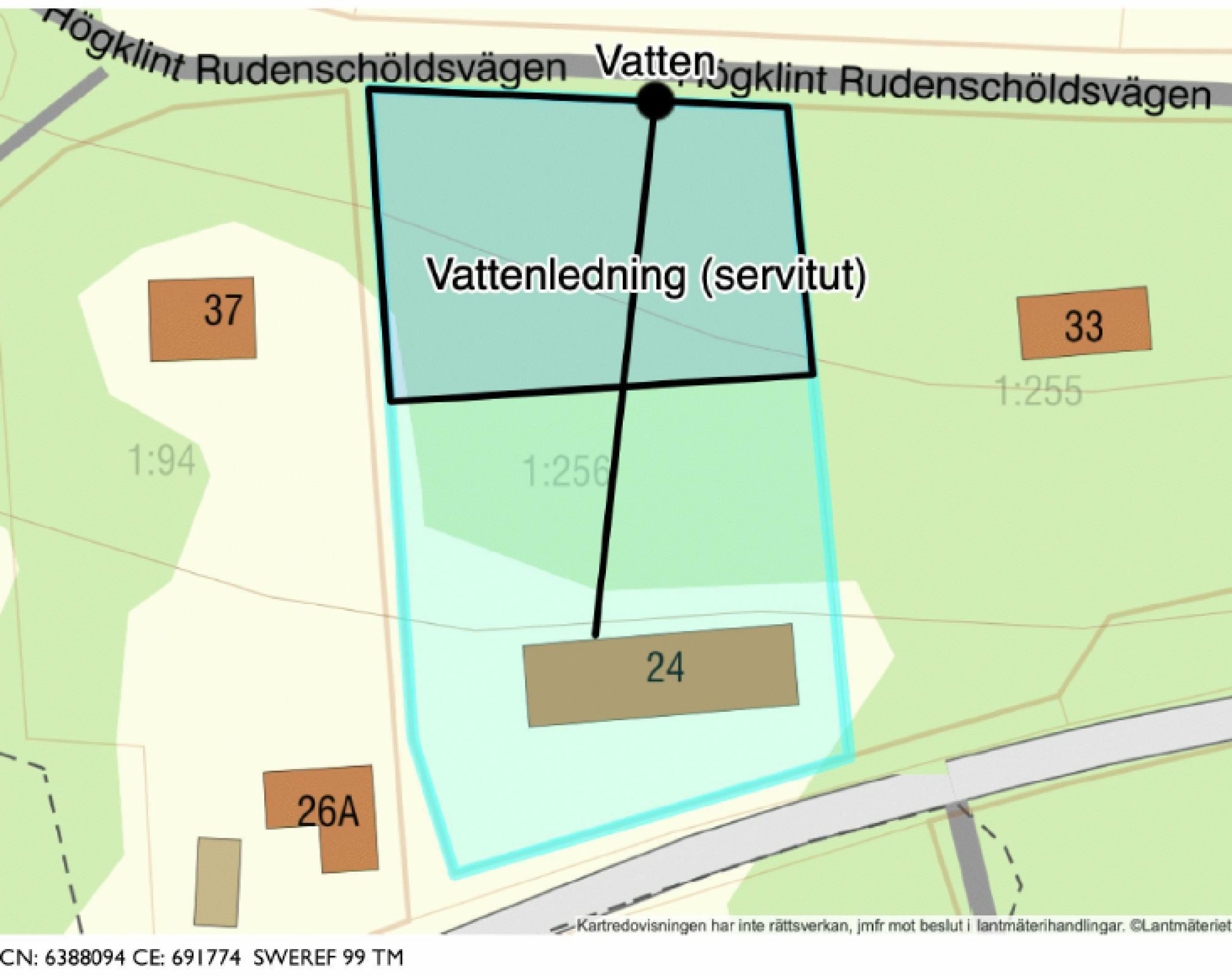 Tänkta fastighetsgränser är de svarta linjerna.  Högklint Rudenschöldsvägen 35